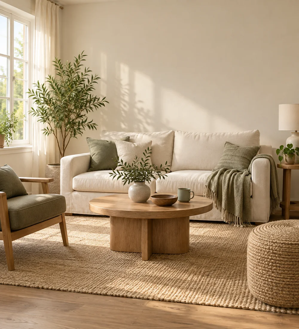 Sunlit living room with a cream sofa, round oak coffee table, plants and a plain wall